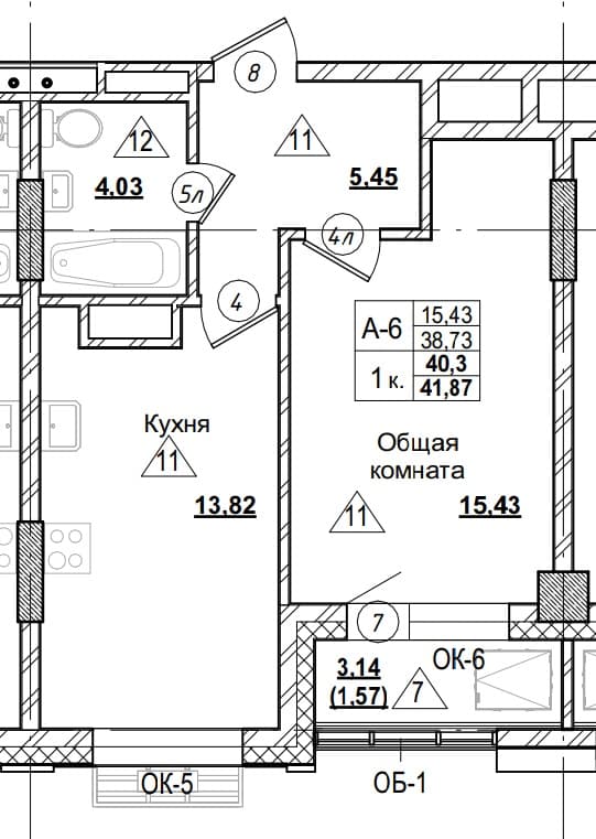 1 комн., 40.3 м²