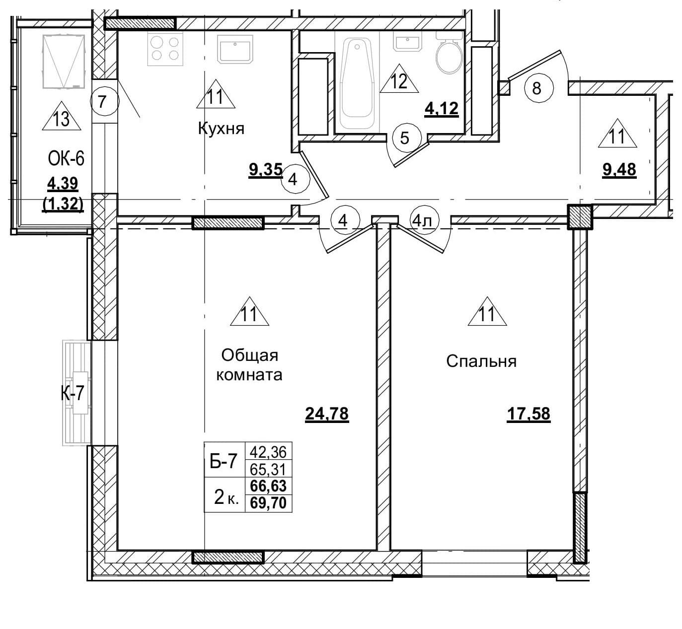 2 комн., 66.6 м²