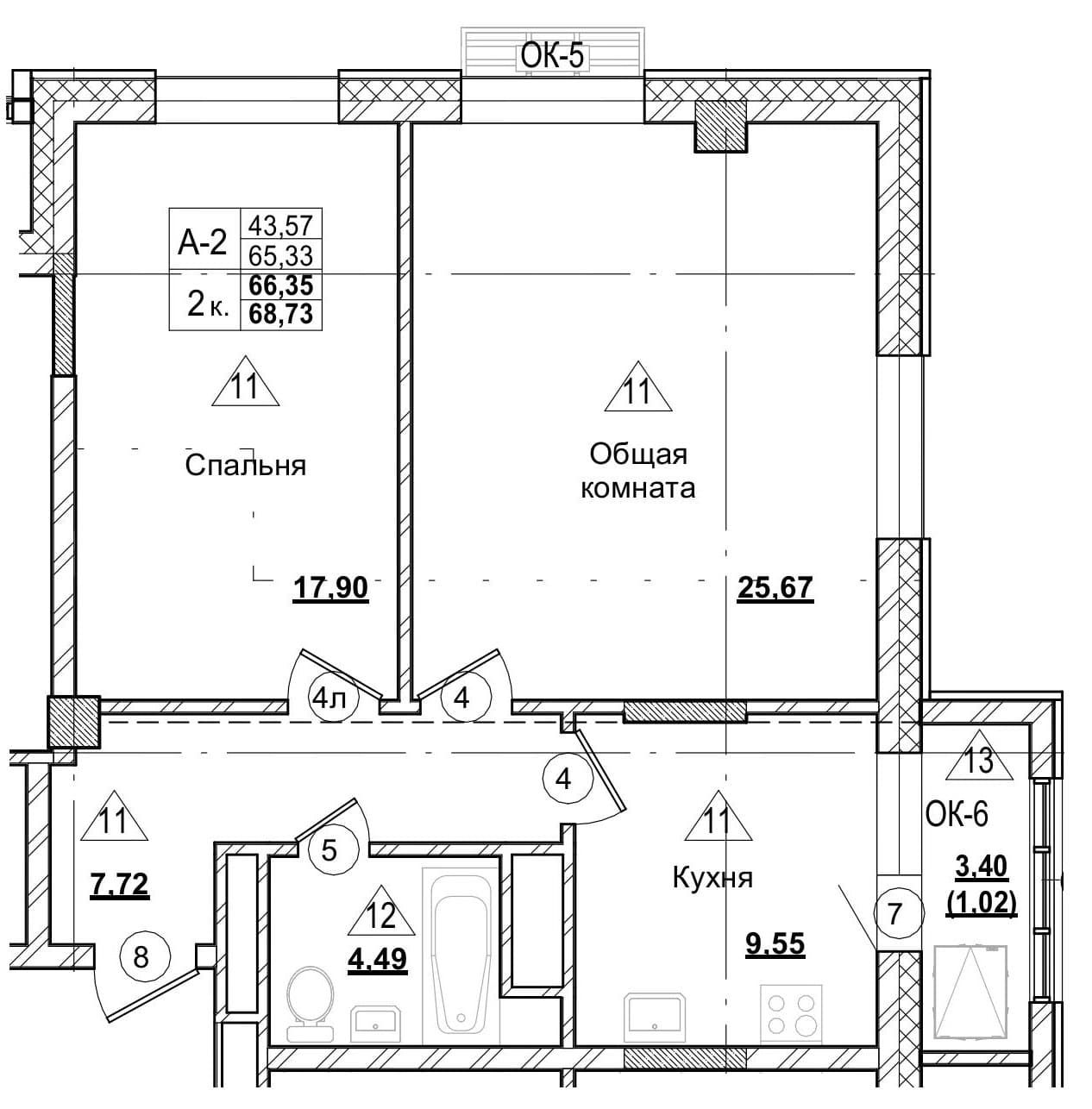 2 комн., 66.3 м²