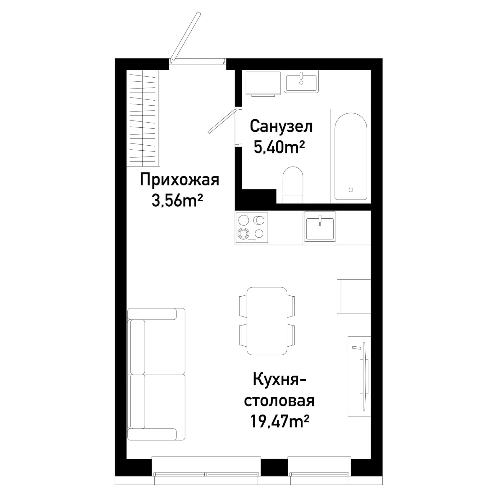 Студия, 28.4 м²