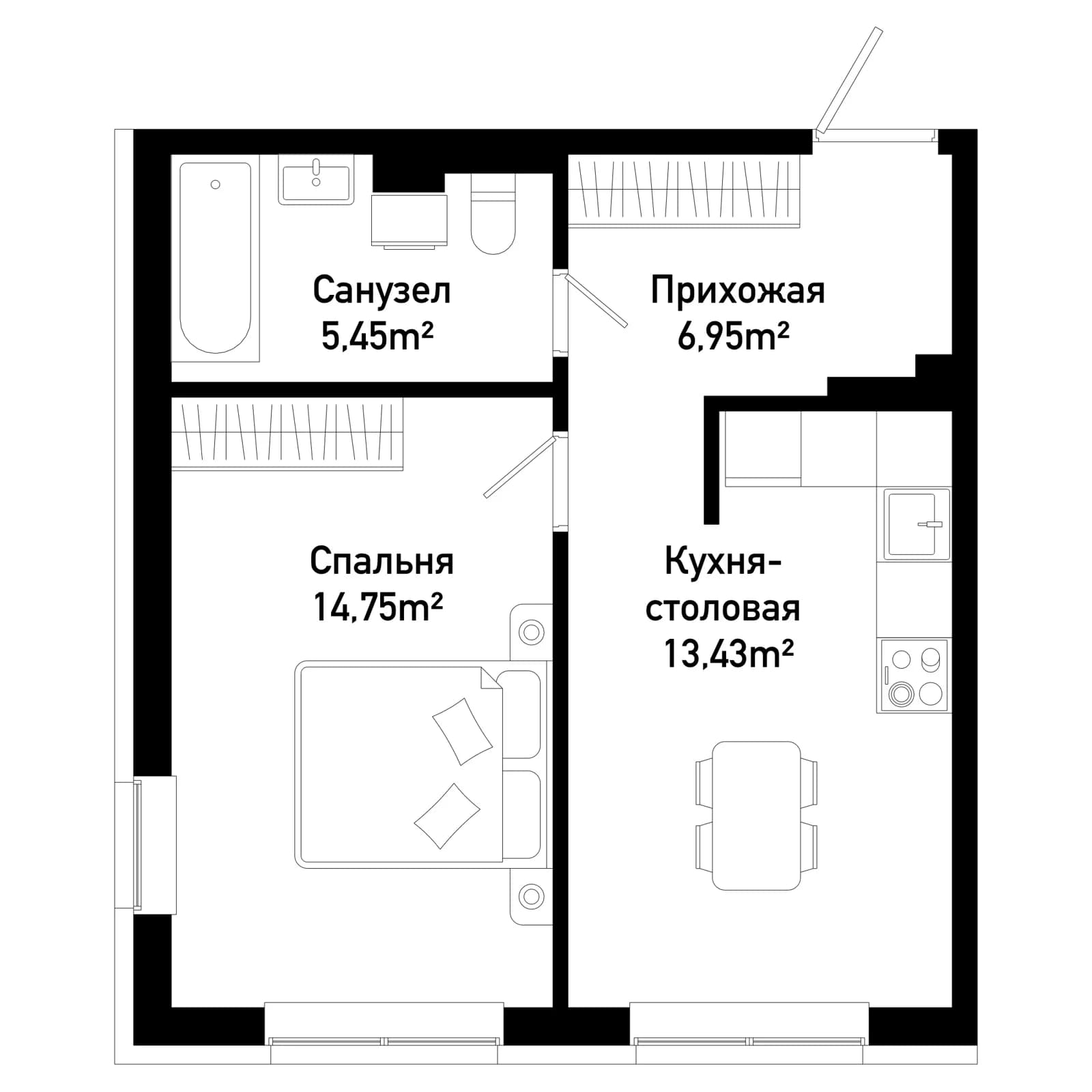 1 комн., 40.6 м²