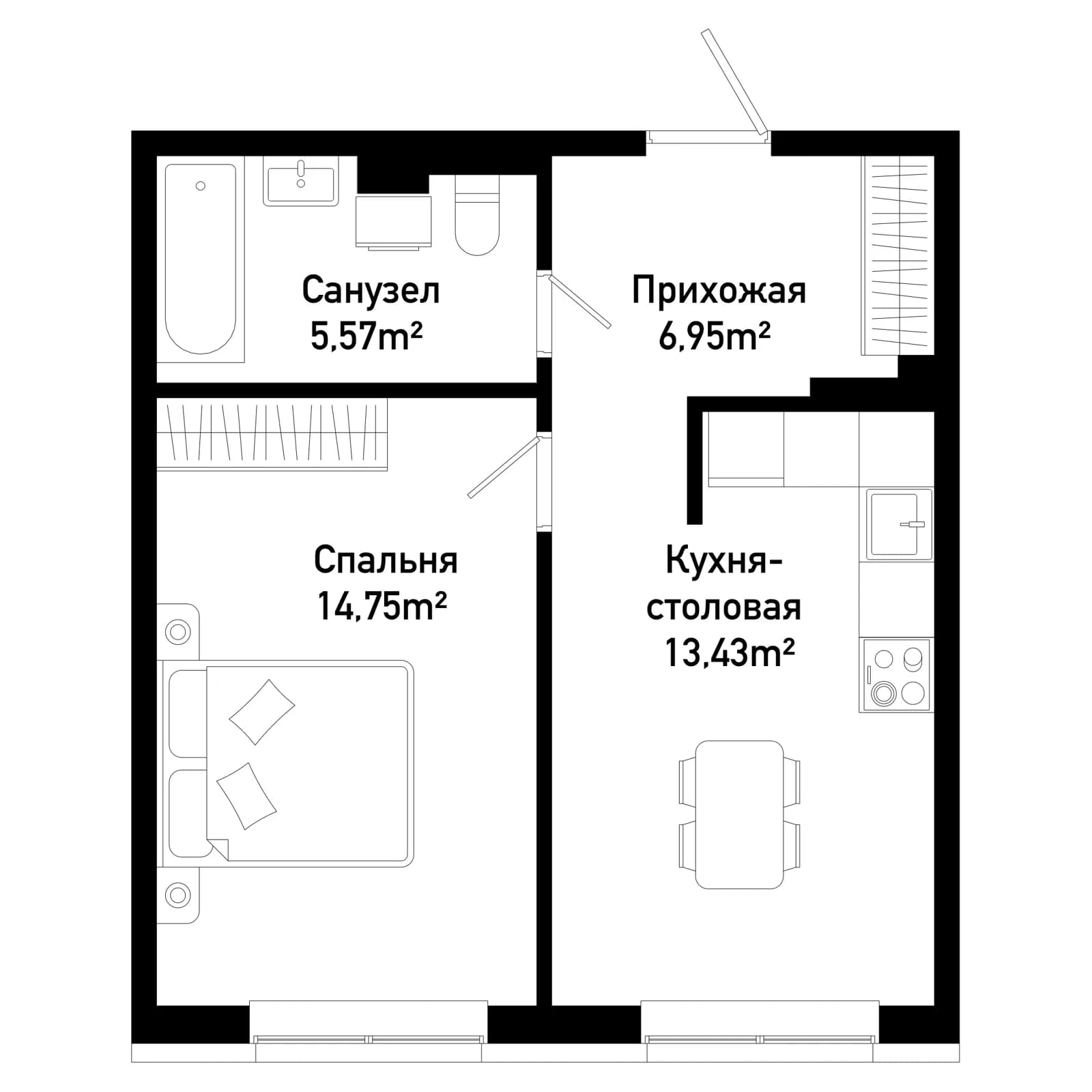 1 комн., 40.5 м²