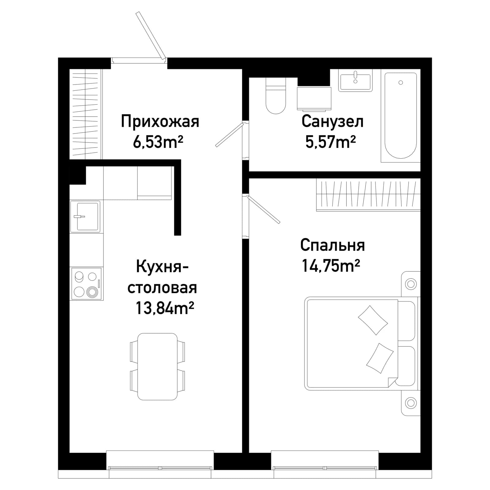 1 комн., 40.7 м²