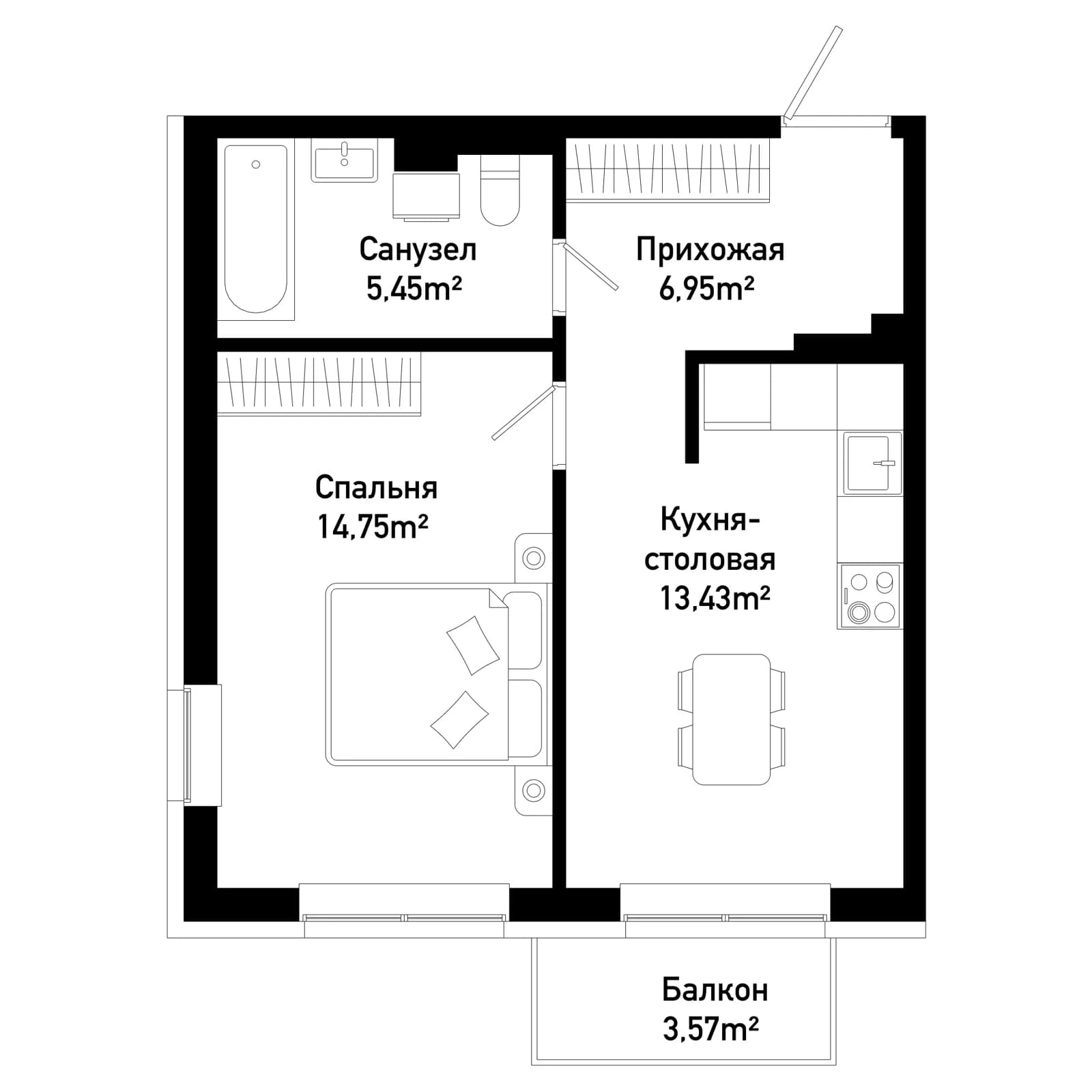 1 комн., 41.6 м²