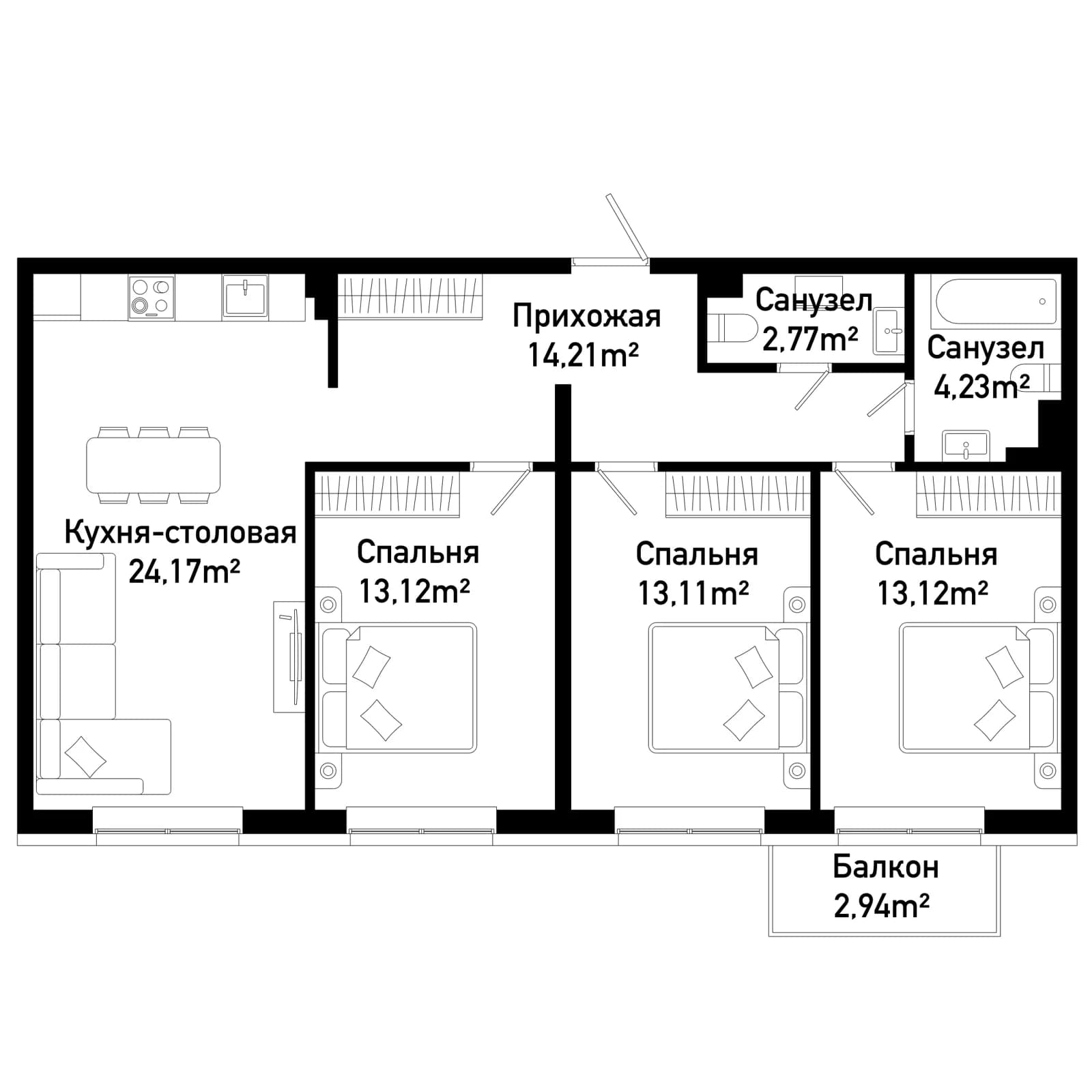 3 комн., 86.9 м²