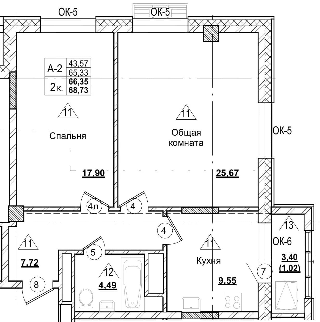 2 комн., 66.3 м²