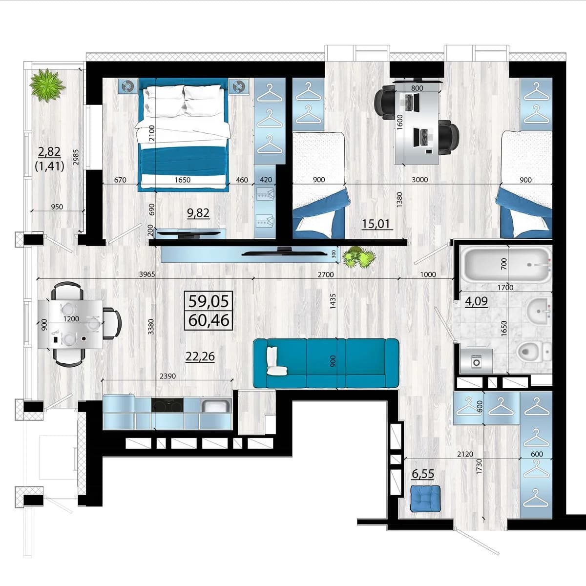 3 комн., 60.5 м²