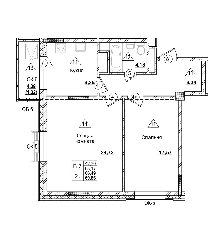 2 комн., 66.5 м²