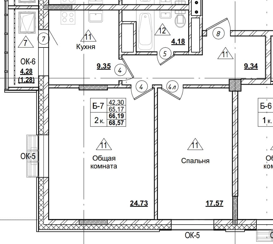 2 комн., 66.5 м²