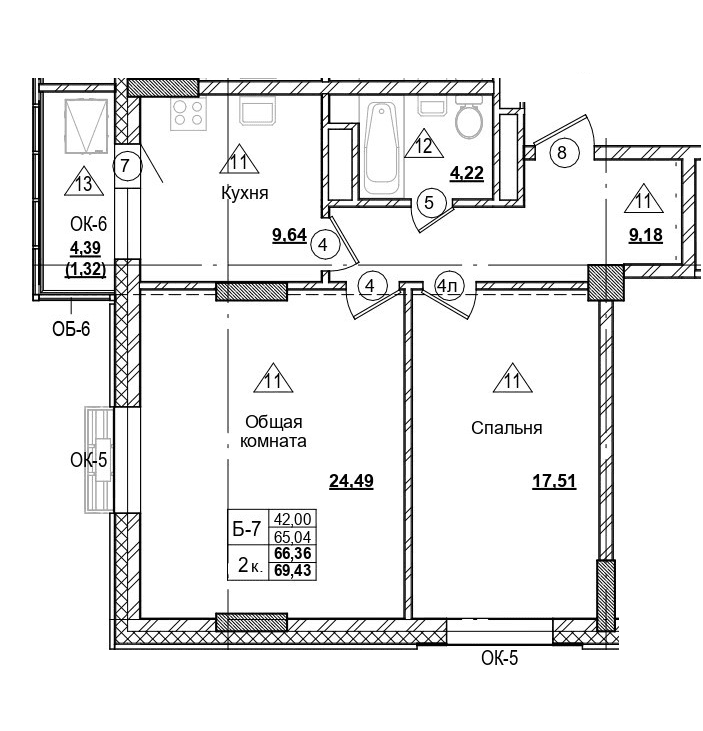 2 комн., 66.4 м²