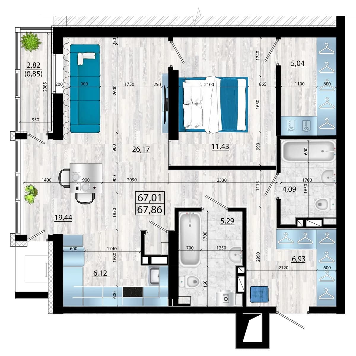3 комн., 68.4 м²