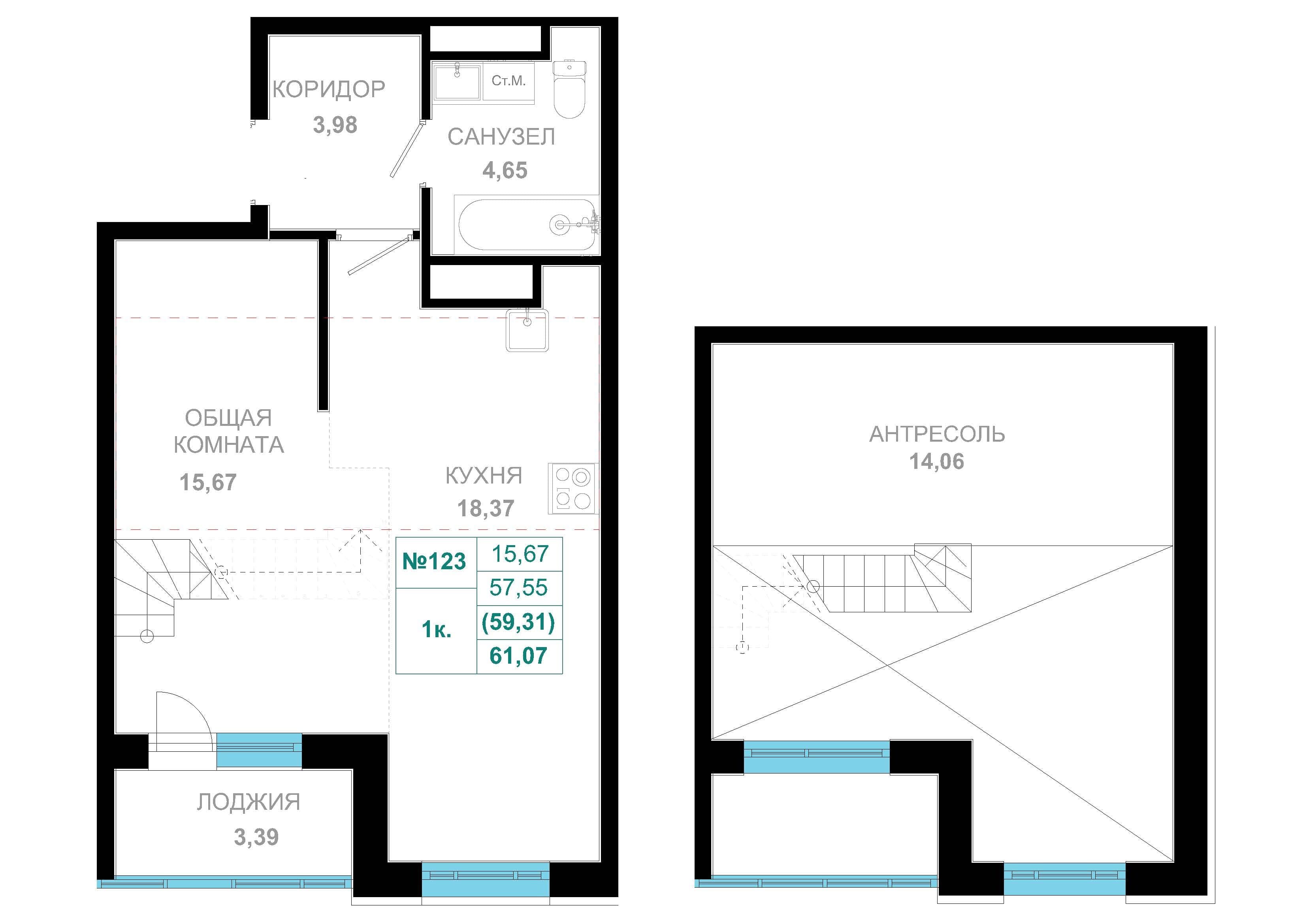1 комн., 58.4 м²