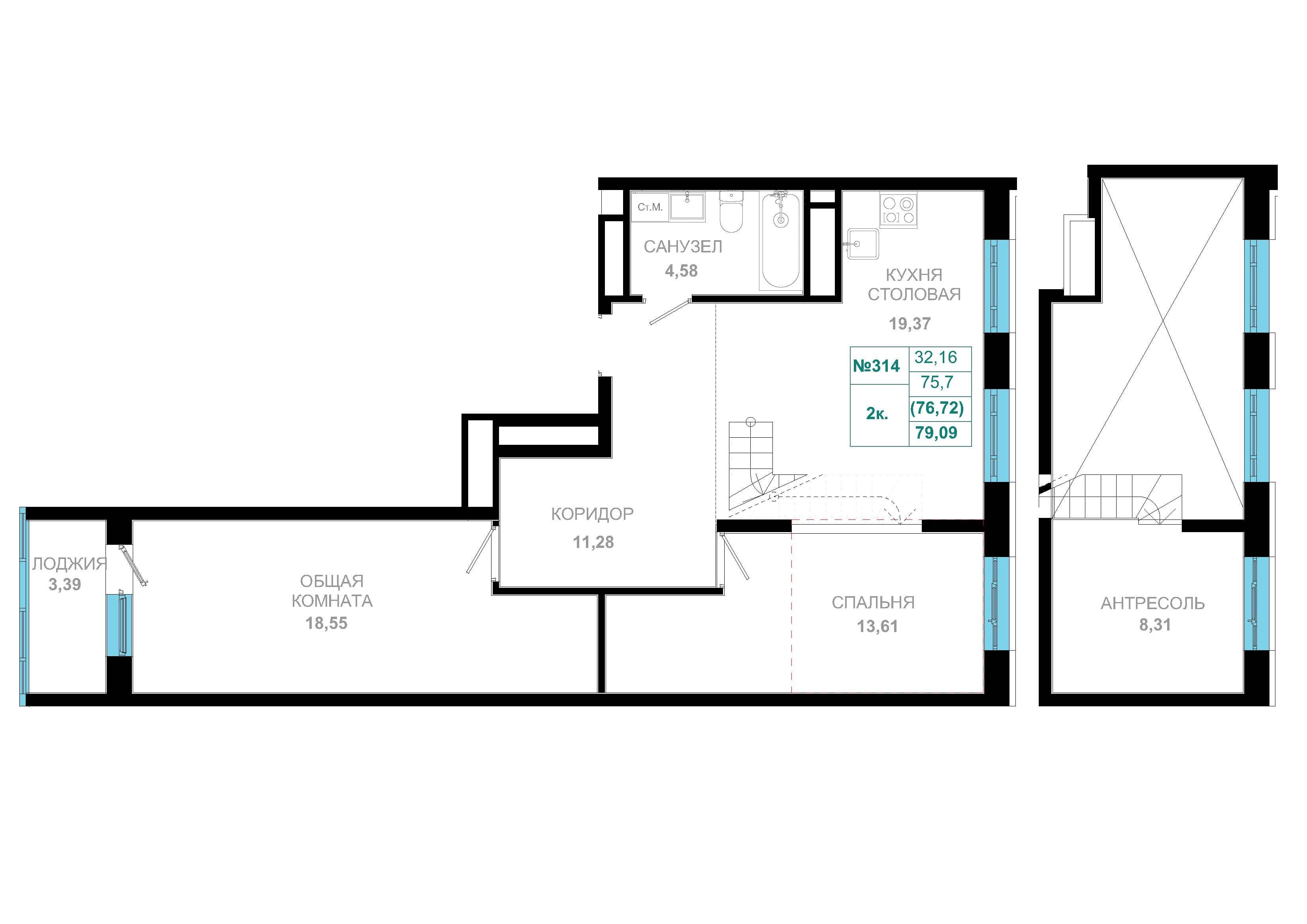 2 комн., 76.7 м²