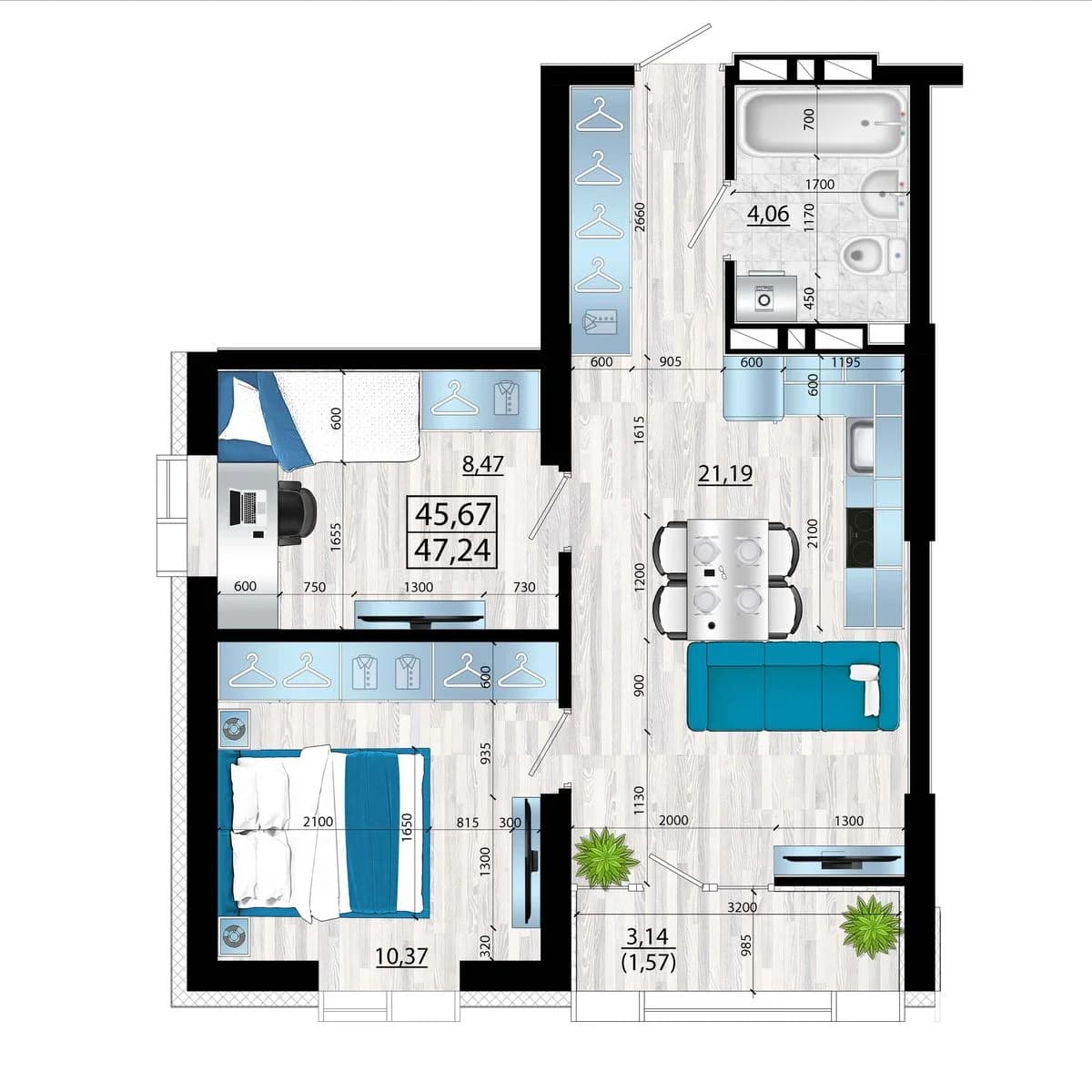 3 комн., 47.2 м²